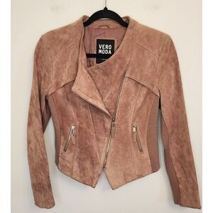 Vero Moda Womens Blush Pink Suede Leather Moto Jacket Size Large